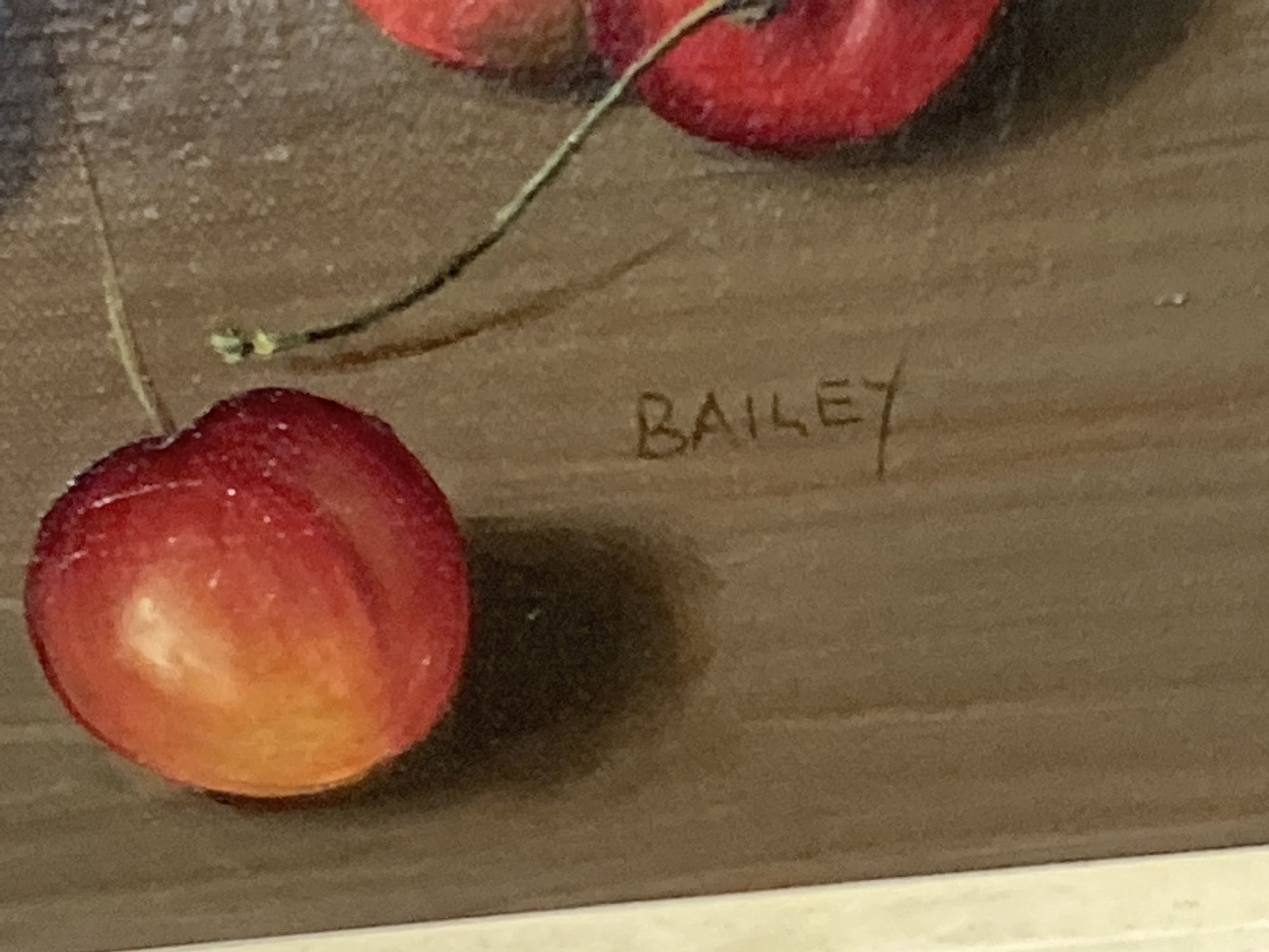 Bailey, oil on canvas, Still life of apples and cherries, signed, 24 x 34cm